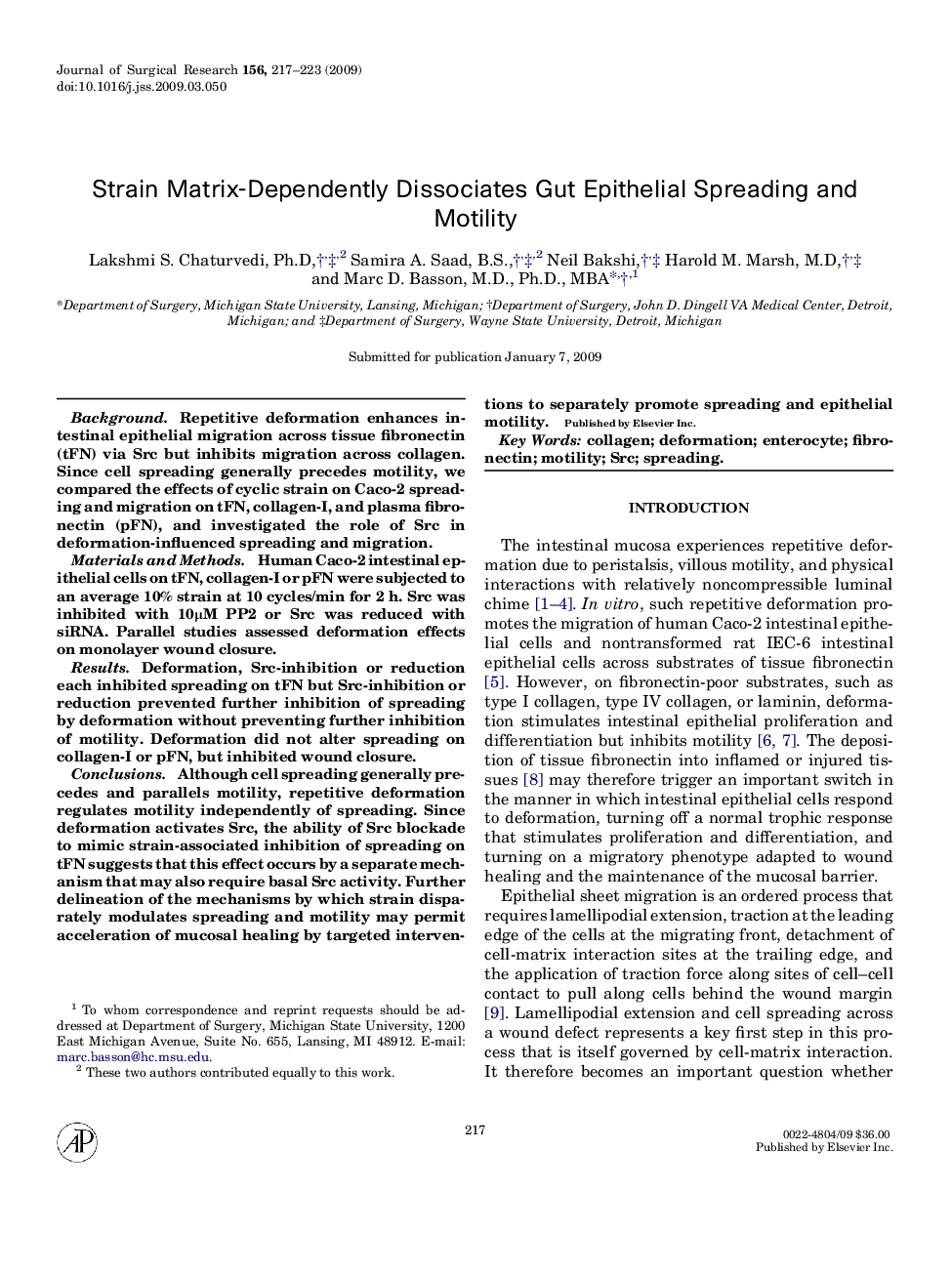 Strain Matrix-Dependently Dissociates Gut Epithelial Spreading and Motility