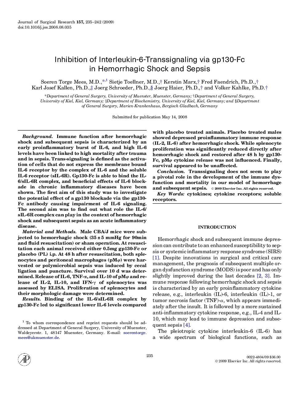 Inhibition of Interleukin-6-Transsignaling via gp130-Fc in Hemorrhagic Shock and Sepsis