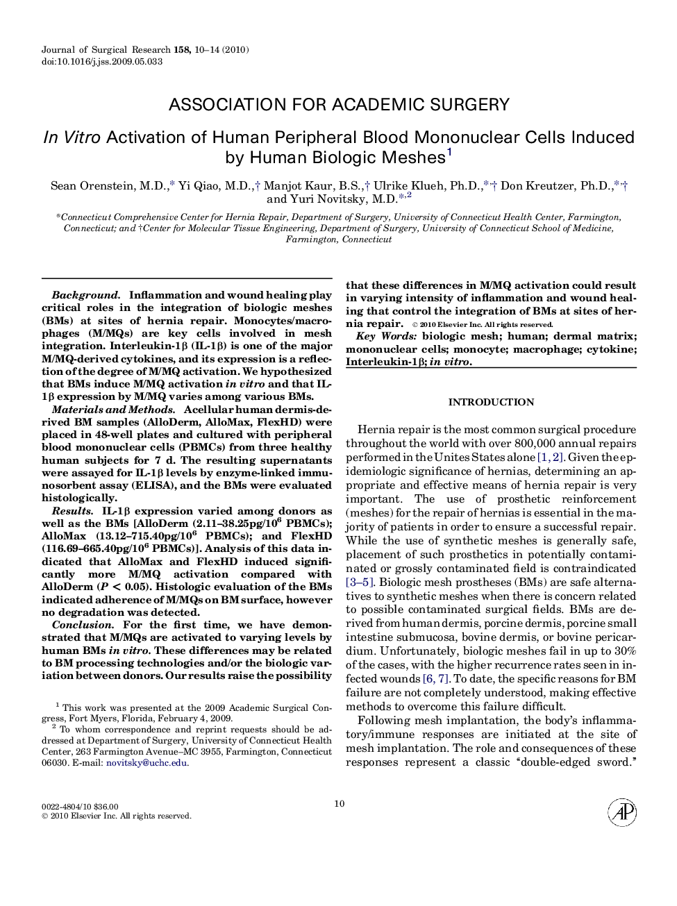 In Vitro Activation of Human Peripheral Blood Mononuclear Cells Induced by Human Biologic Meshes 1