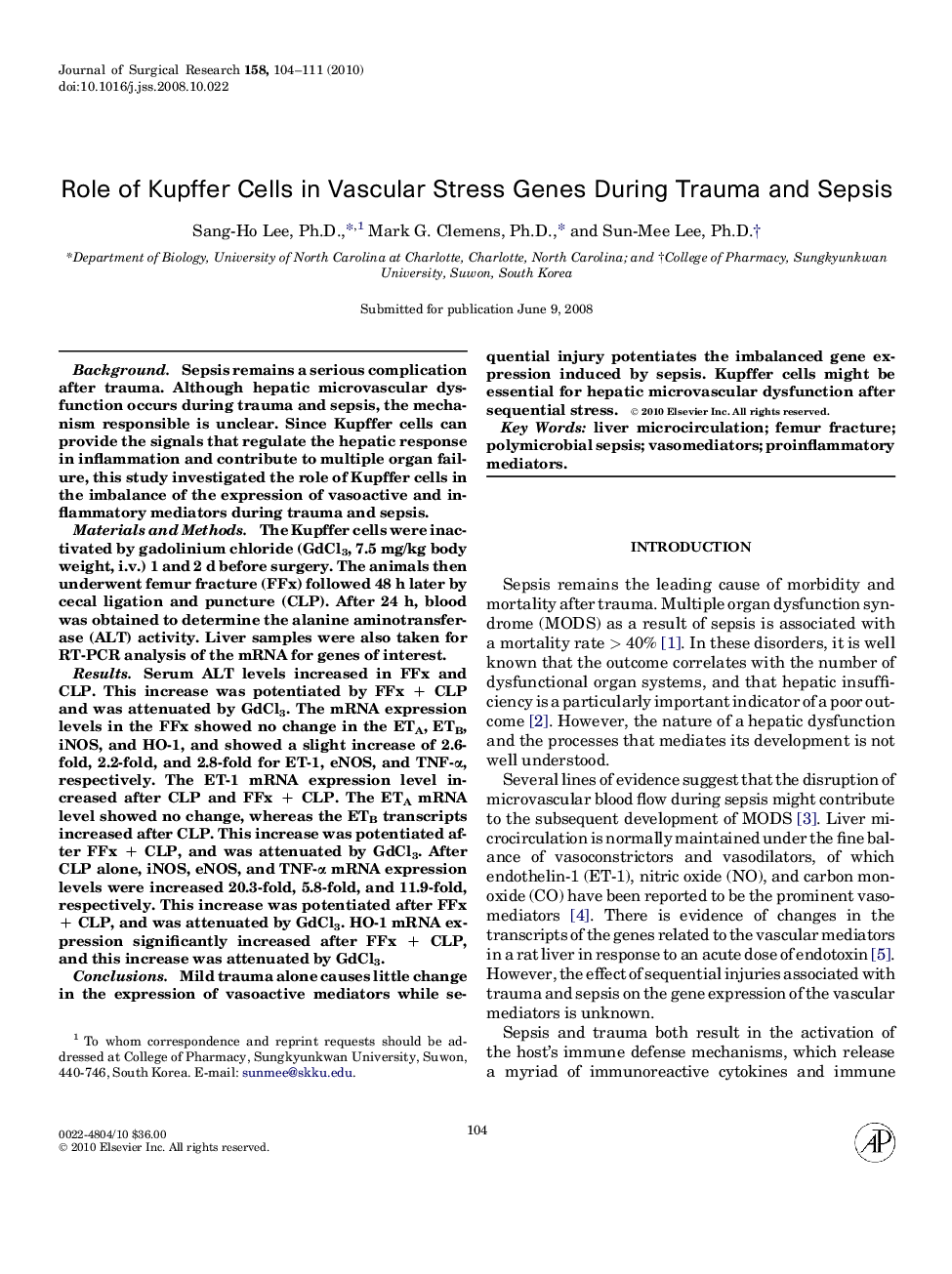 Role of Kupffer Cells in Vascular Stress Genes During Trauma and Sepsis