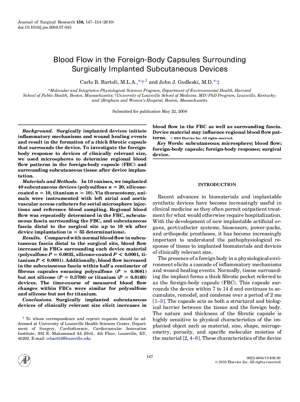 Blood Flow in the Foreign-Body Capsules Surrounding Surgically Implanted Subcutaneous Devices