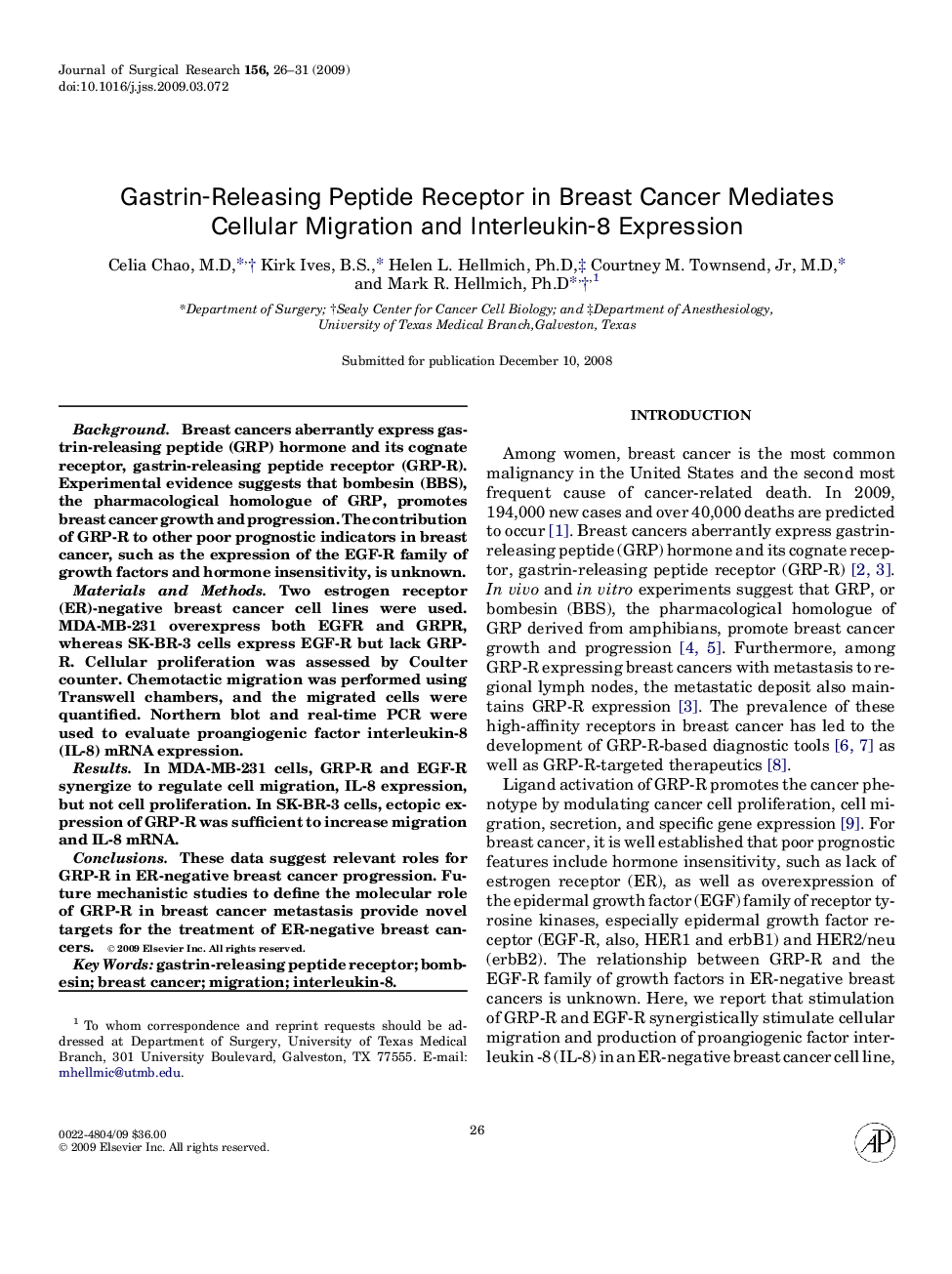 Gastrin-Releasing Peptide Receptor in Breast Cancer Mediates Cellular Migration and Interleukin-8 Expression