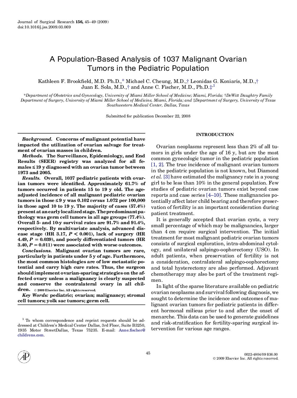 A Population-Based Analysis of 1037 Malignant Ovarian Tumors in the Pediatric Population