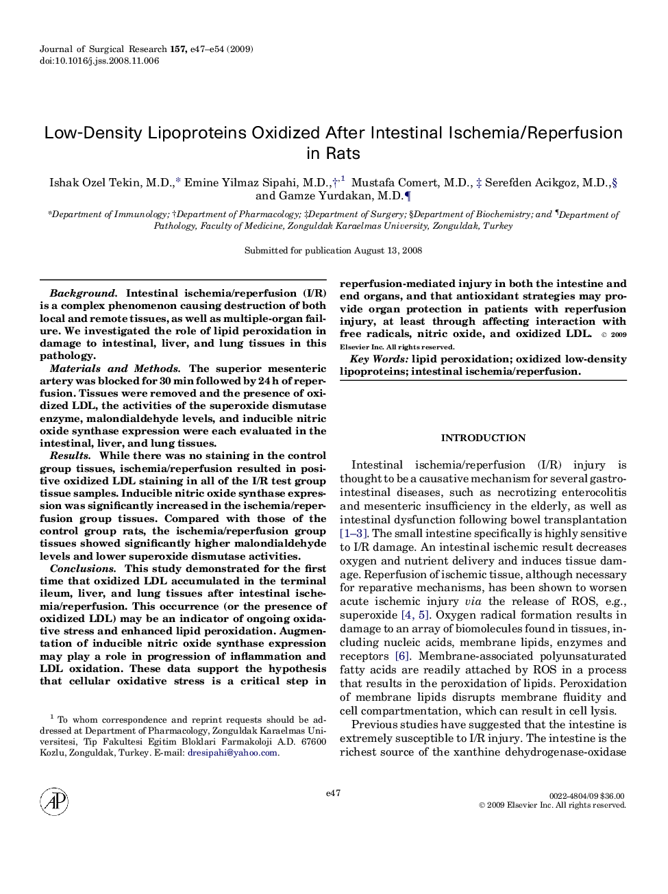 Low-Density Lipoproteins Oxidized After Intestinal Ischemia/Reperfusion in Rats