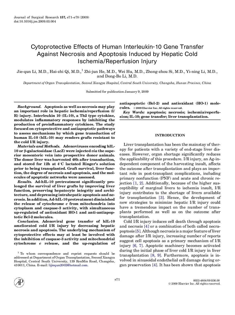 Cytoprotective Effects of Human Interleukin-10 Gene Transfer Against Necrosis and Apoptosis Induced by Hepatic Cold Ischemia/Reperfusion Injury