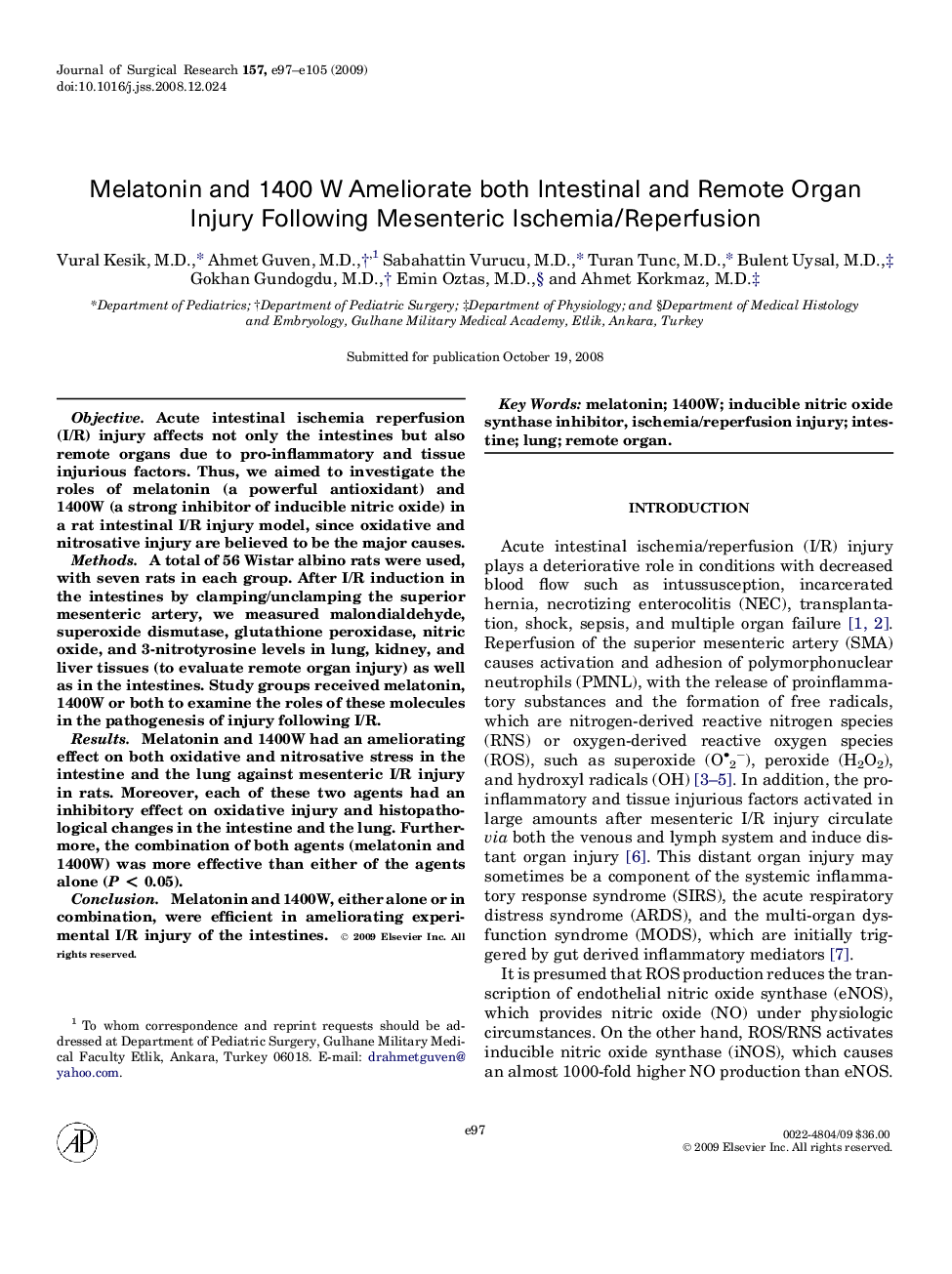 Melatonin and 1400 W Ameliorate both Intestinal and Remote Organ Injury Following Mesenteric Ischemia/Reperfusion