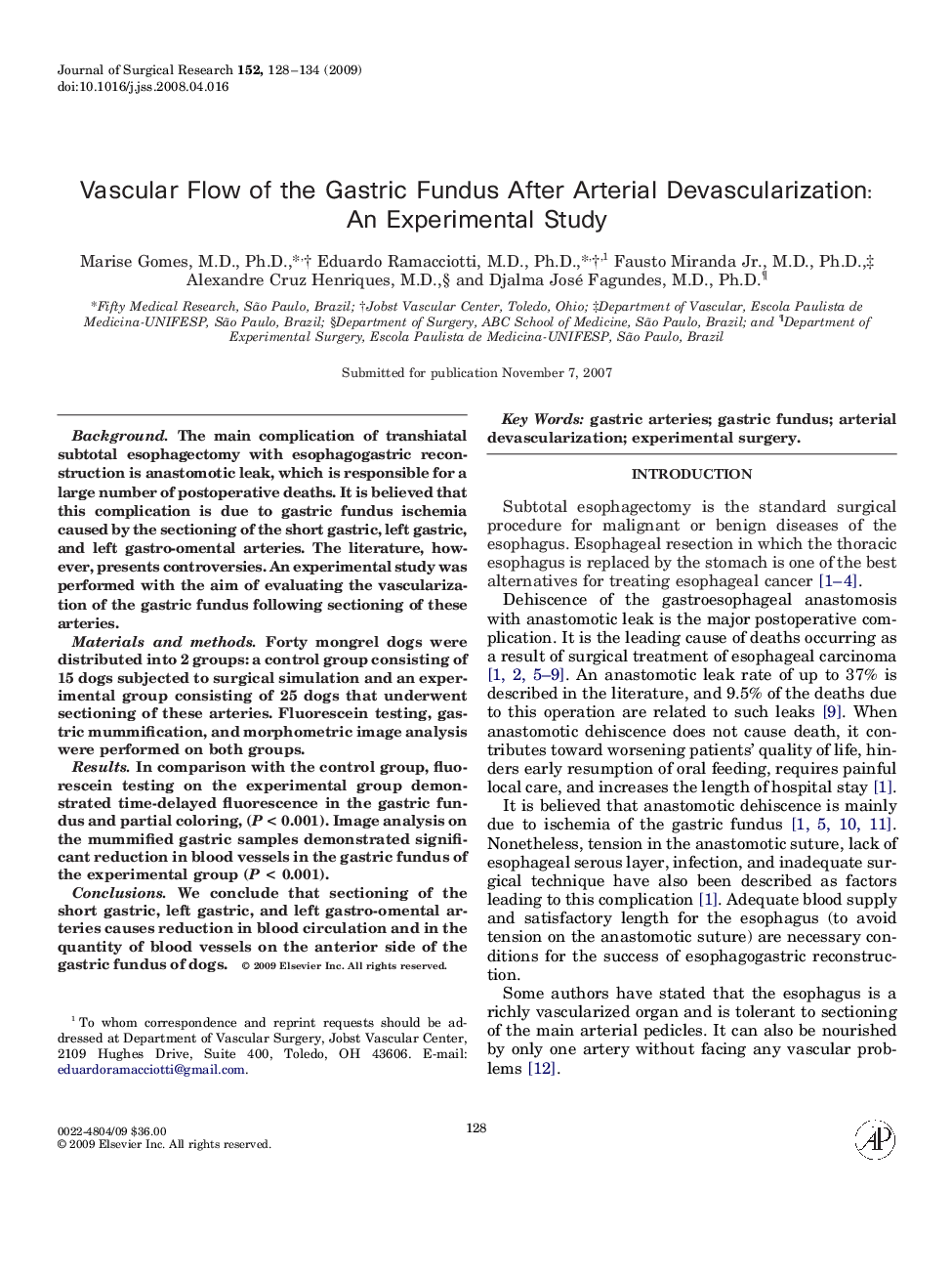 Vascular Flow of the Gastric Fundus After Arterial Devascularization: An Experimental Study