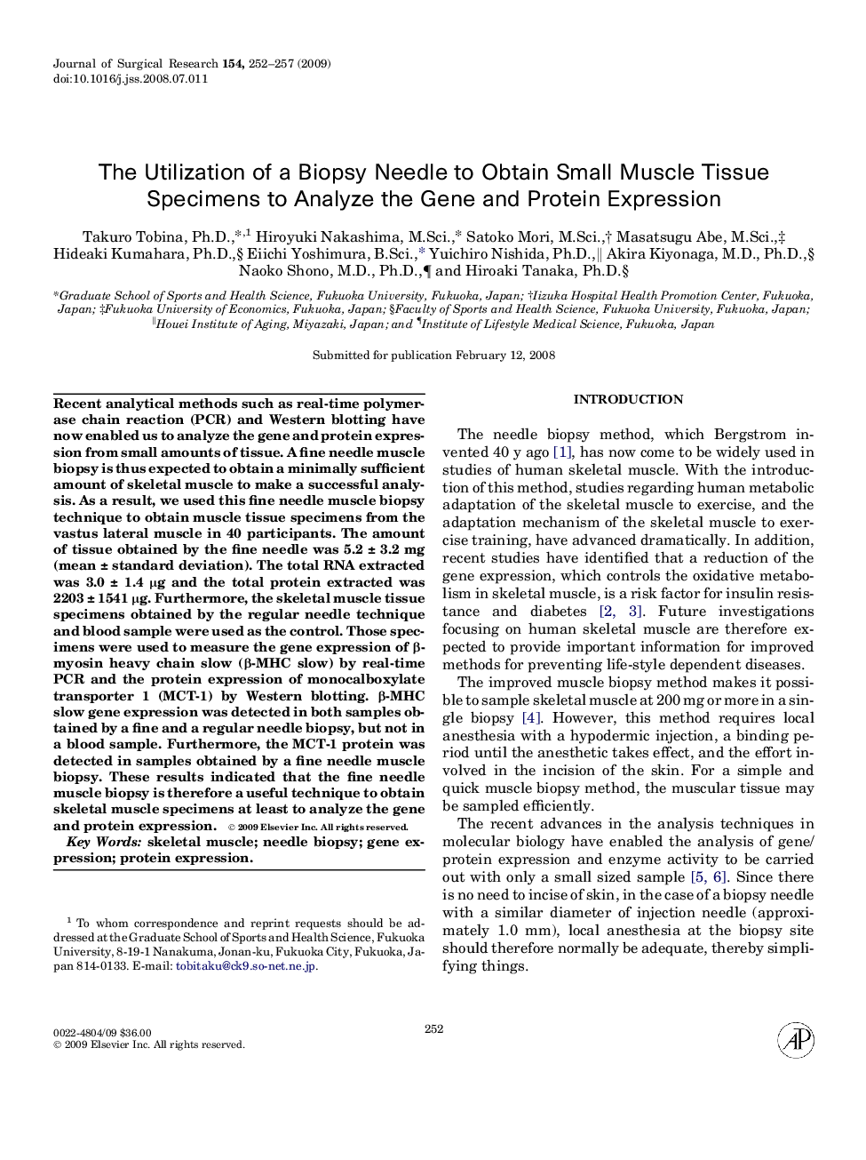 The Utilization of a Biopsy Needle to Obtain Small Muscle Tissue Specimens to Analyze the Gene and Protein Expression