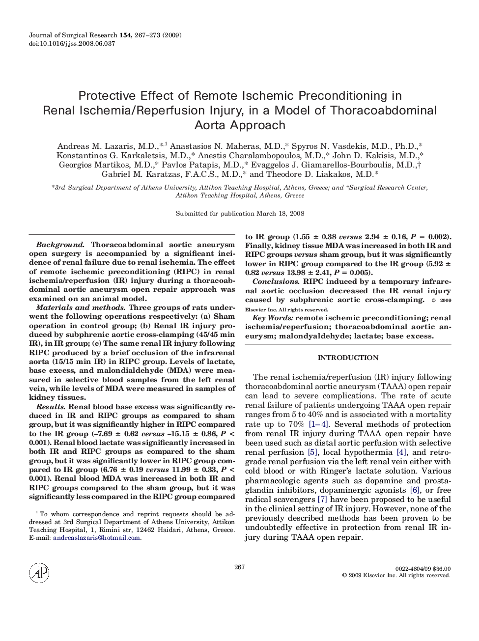 Protective Effect of Remote Ischemic Preconditioning in Renal Ischemia/Reperfusion Injury, in a Model of Thoracoabdominal Aorta Approach