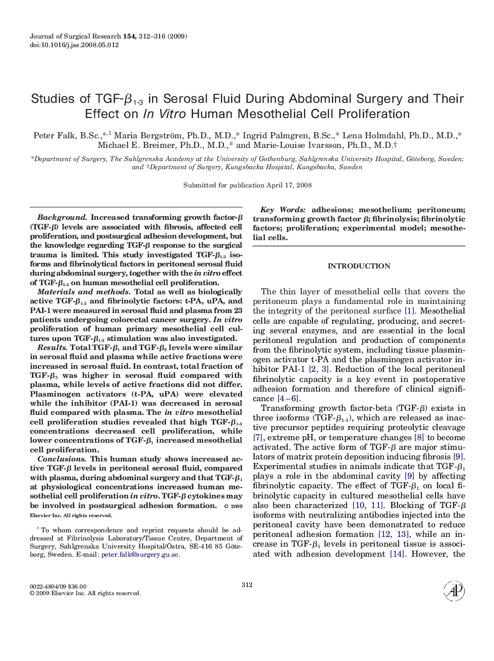 Studies of TGF-β1-3 in Serosal Fluid During Abdominal Surgery and Their Effect on In Vitro Human Mesothelial Cell Proliferation