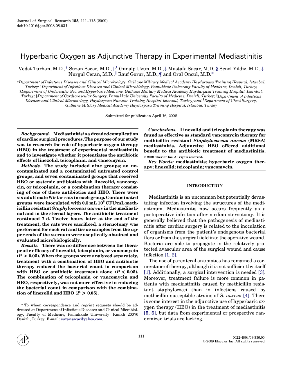 Hyperbaric Oxygen as Adjunctive Therapy in Experimental Mediastinitis