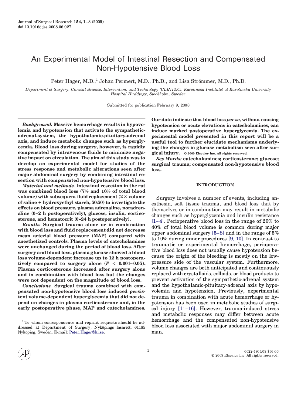 An Experimental Model of Intestinal Resection and Compensated Non-Hypotensive Blood Loss