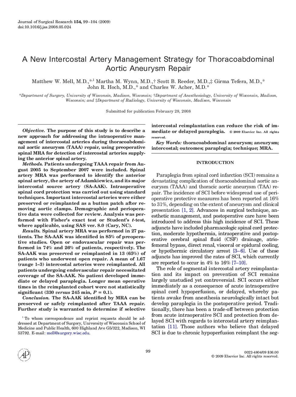 A New Intercostal Artery Management Strategy for Thoracoabdominal Aortic Aneurysm Repair