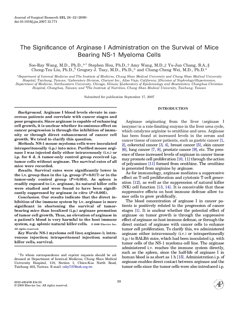 The Significance of Arginase I Administration on the Survival of Mice Bearing NS-1 Myeloma Cells