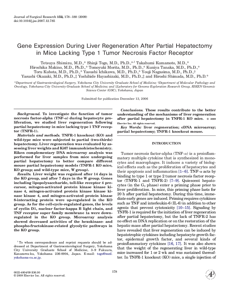 Gene Expression During Liver Regeneration After Partial Hepatectomy in Mice Lacking Type 1 Tumor Necrosis Factor Receptor