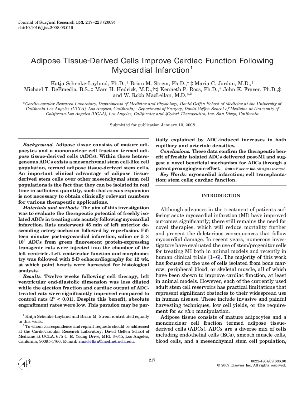 Adipose Tissue-Derived Cells Improve Cardiac Function Following Myocardial Infarction 1