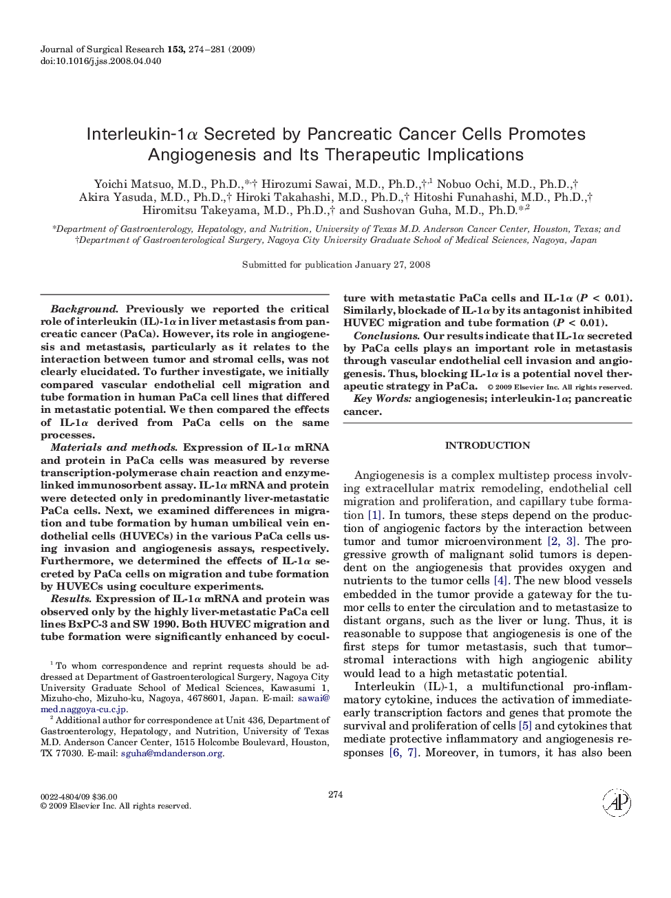 Interleukin-1α Secreted by Pancreatic Cancer Cells Promotes Angiogenesis and Its Therapeutic Implications