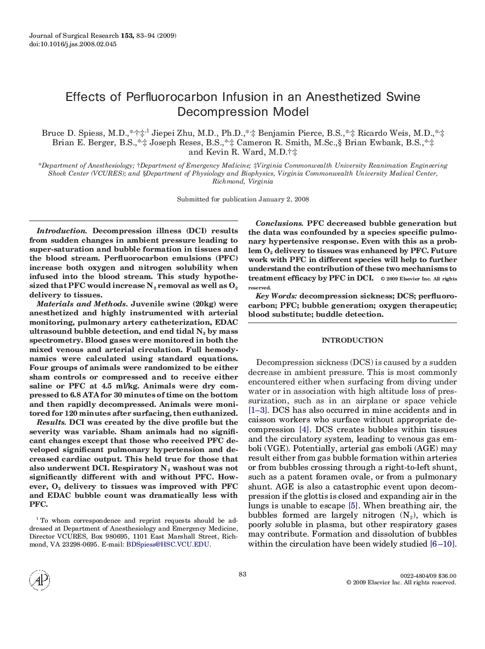 Effects of Perfluorocarbon Infusion in an Anesthetized Swine Decompression Model