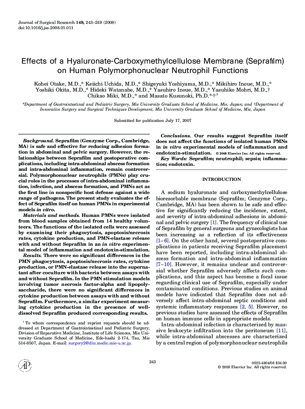 Effects of a Hyaluronate-Carboxymethylcellulose Membrane (Seprafilm) on Human Polymorphonuclear Neutrophil Functions