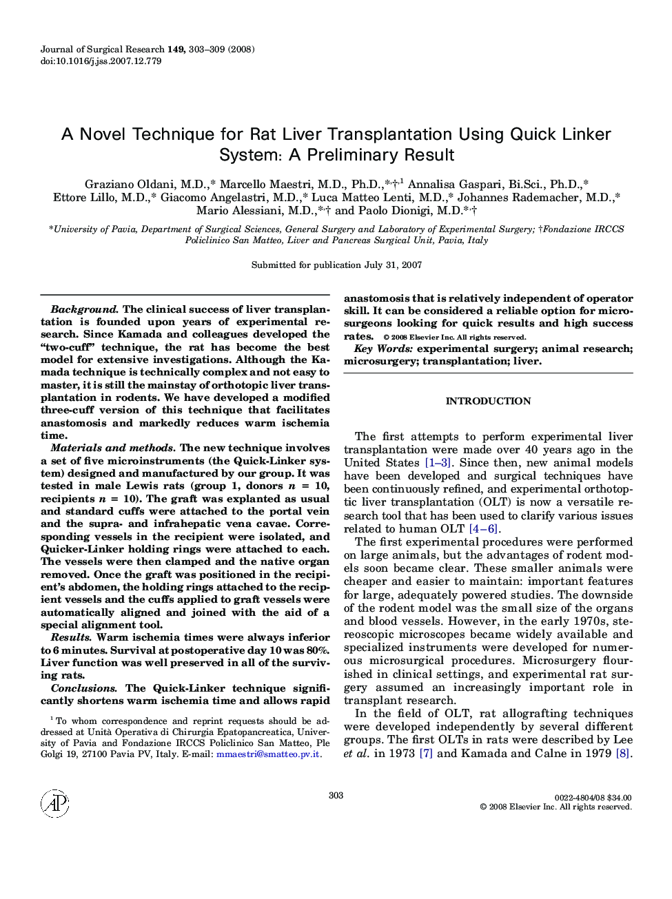 A Novel Technique for Rat Liver Transplantation Using Quick Linker System: A Preliminary Result