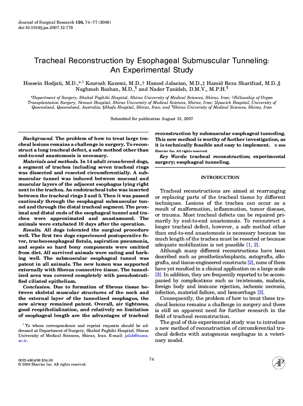 Tracheal Reconstruction by Esophageal Submuscular Tunneling: An Experimental Study