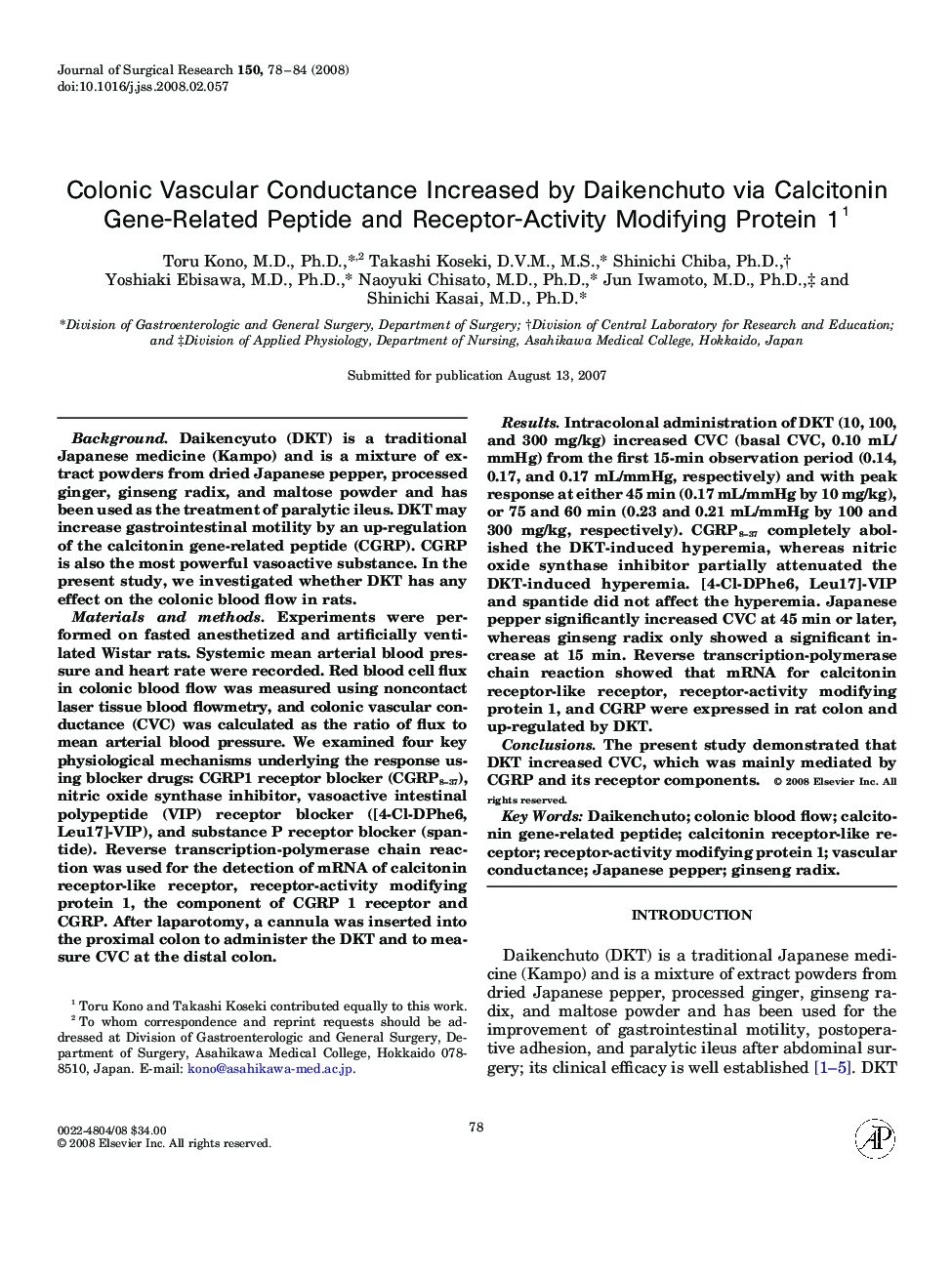 Colonic Vascular Conductance Increased by Daikenchuto via Calcitonin Gene-Related Peptide and Receptor-Activity Modifying Protein 1 1