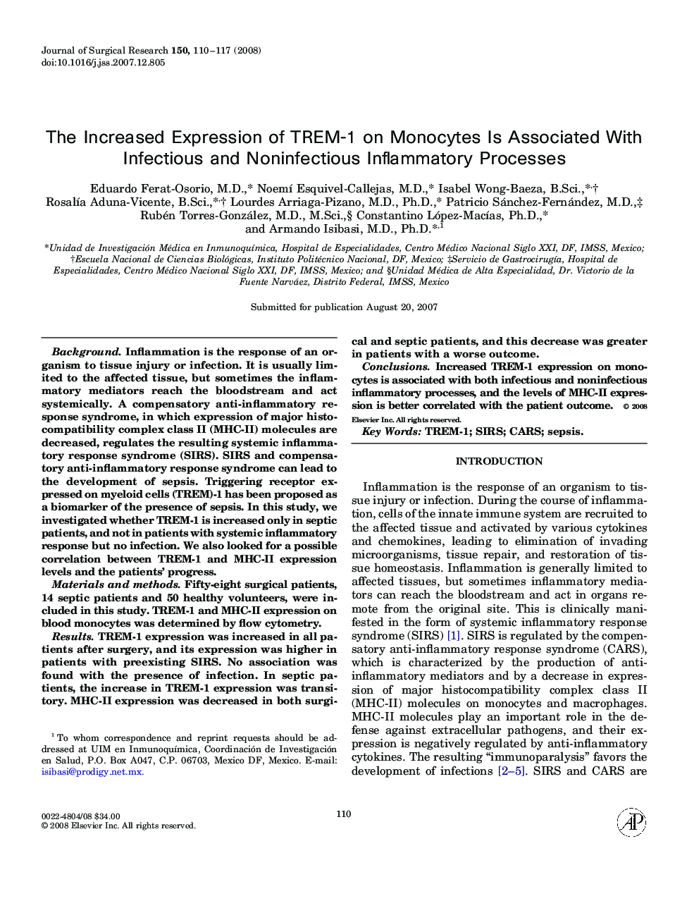 The Increased Expression of TREM-1 on Monocytes Is Associated With Infectious and Noninfectious Inflammatory Processes