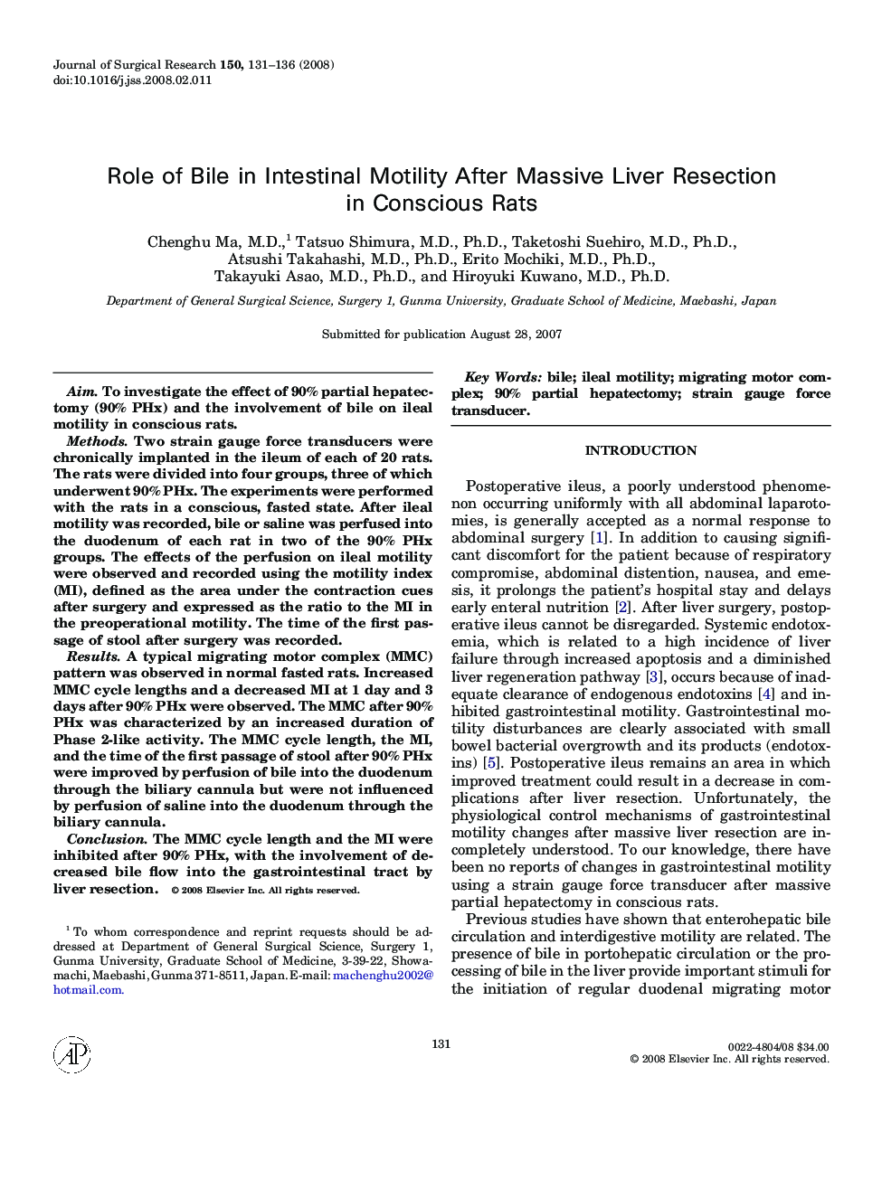 Role of Bile in Intestinal Motility After Massive Liver Resection in Conscious Rats