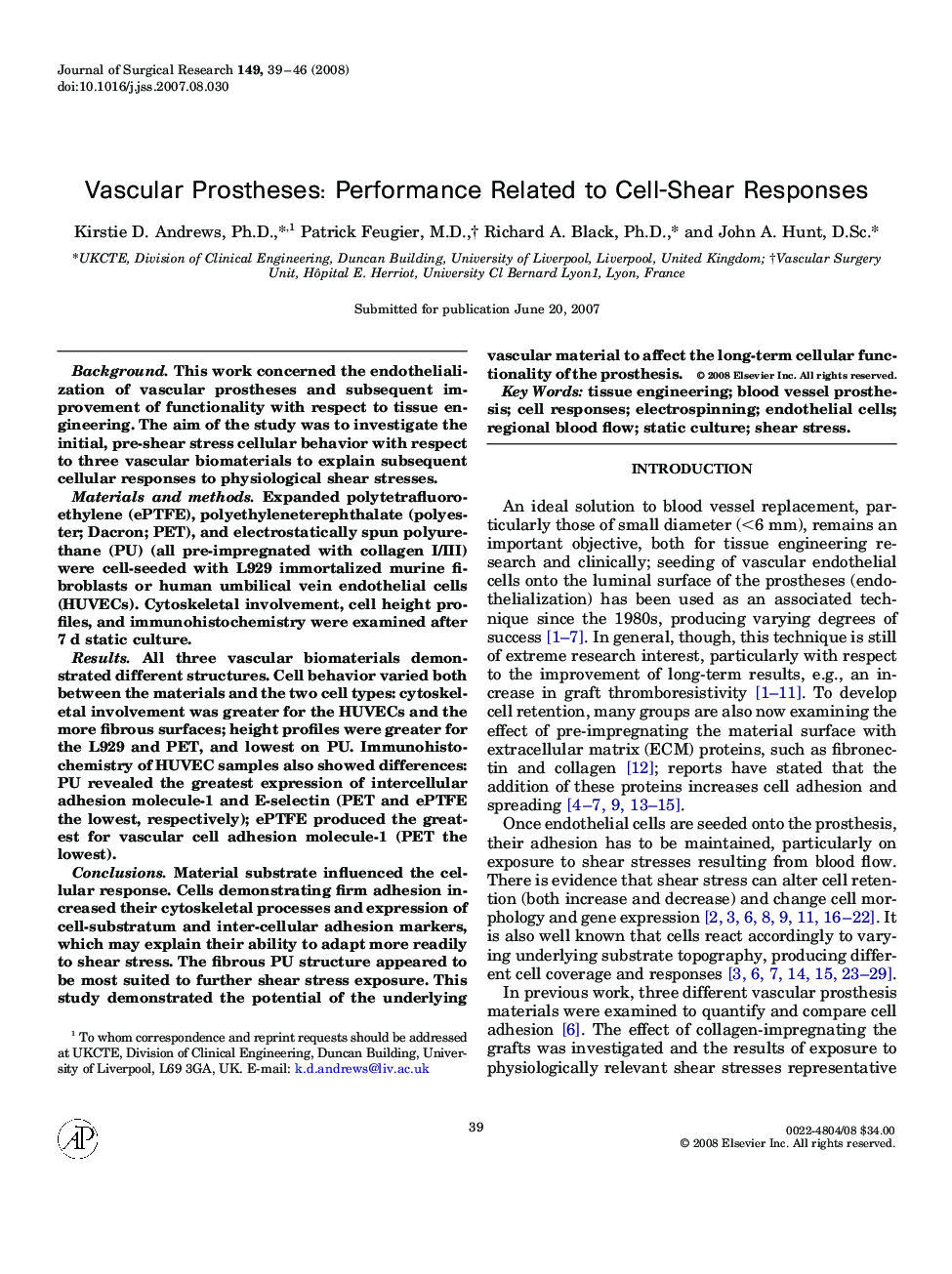 Vascular Prostheses: Performance Related to Cell-Shear Responses