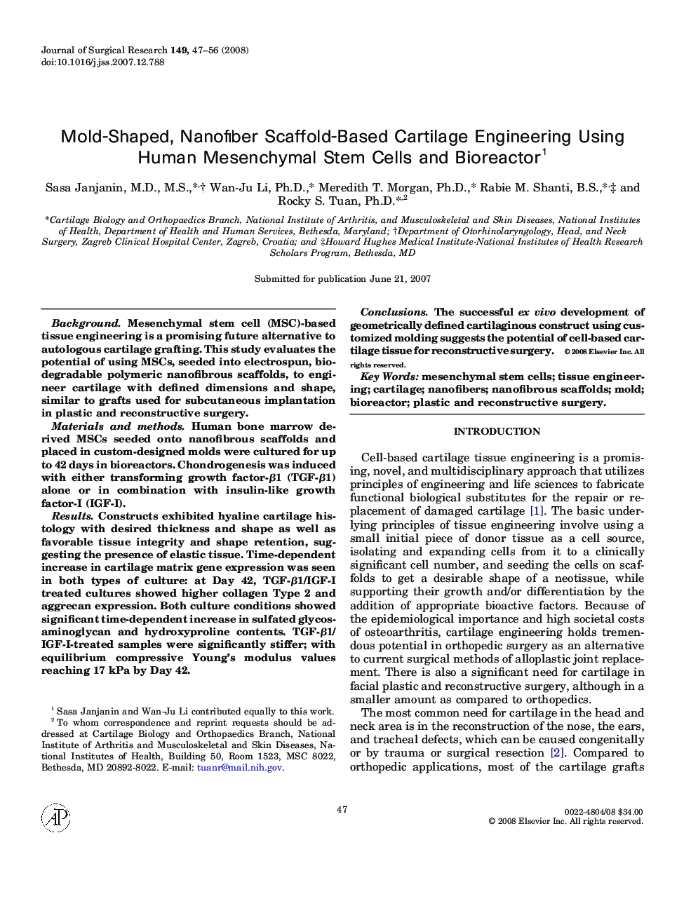 Mold-Shaped, Nanofiber Scaffold-Based Cartilage Engineering Using Human Mesenchymal Stem Cells and Bioreactor