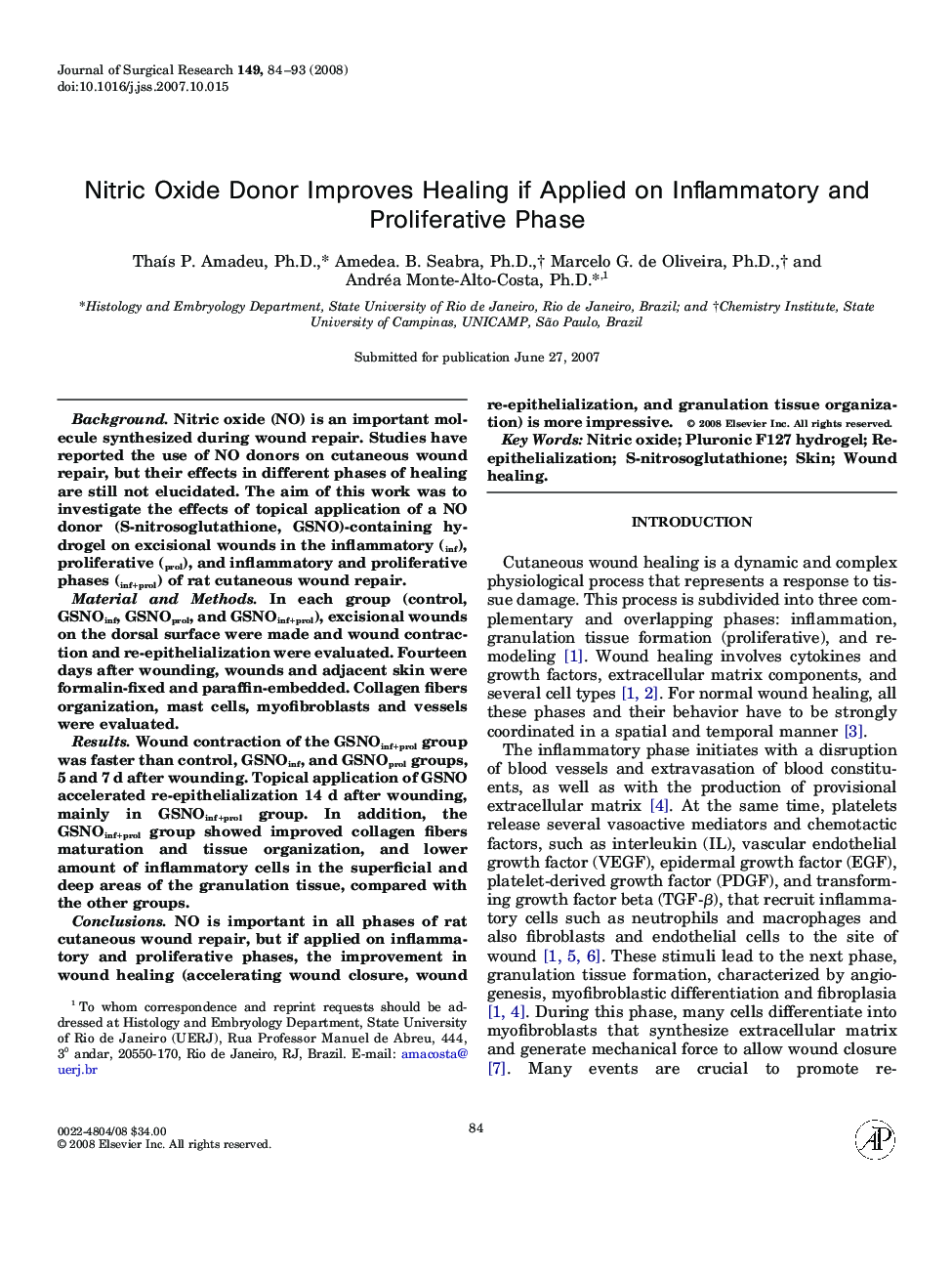 Nitric Oxide Donor Improves Healing if Applied on Inflammatory and Proliferative Phase