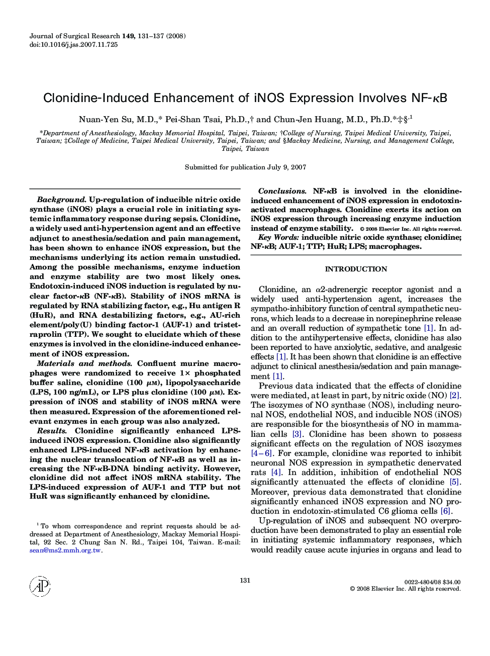 Clonidine-Induced Enhancement of iNOS Expression Involves NF-κB