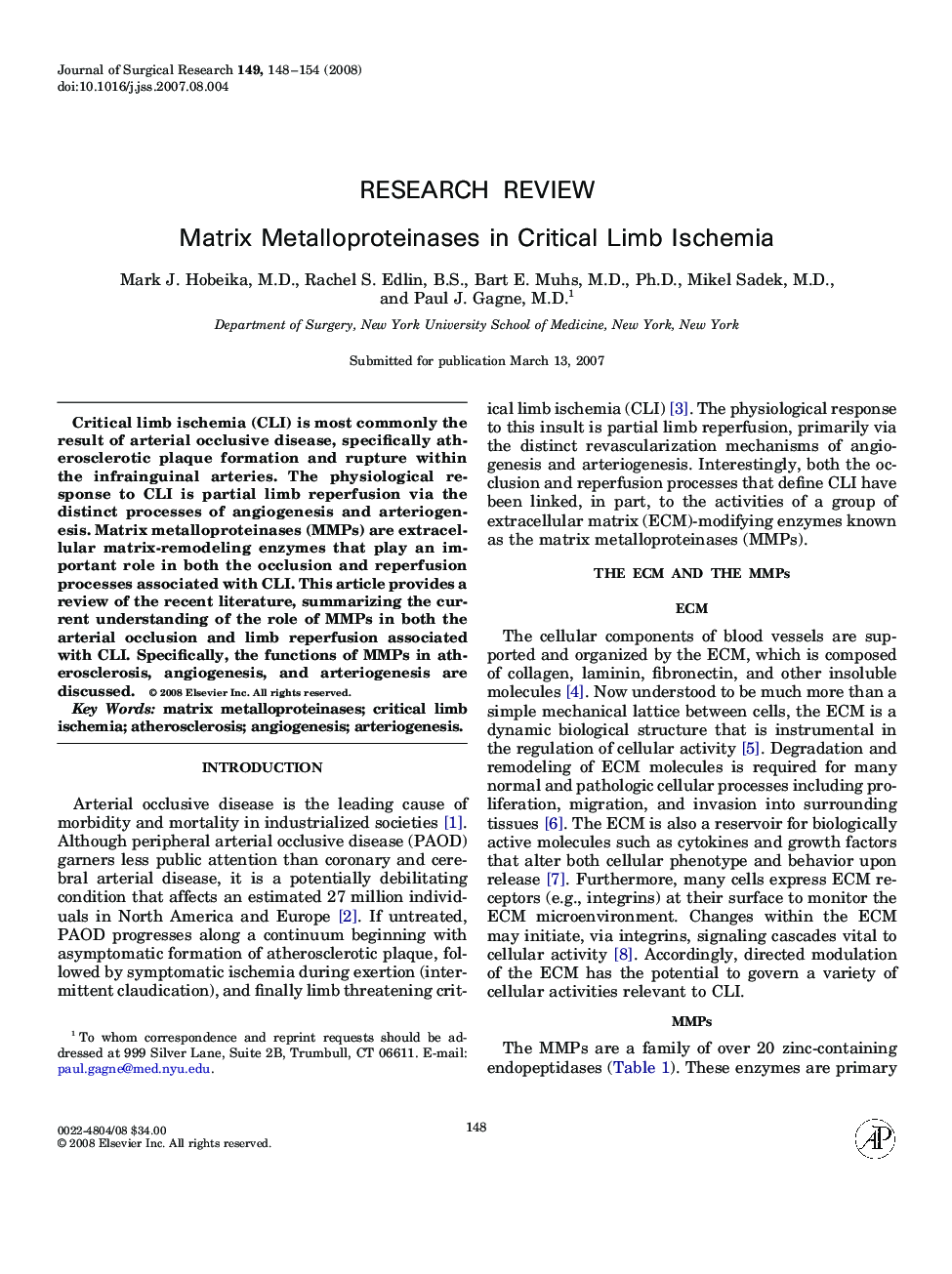 Matrix Metalloproteinases in Critical Limb Ischemia