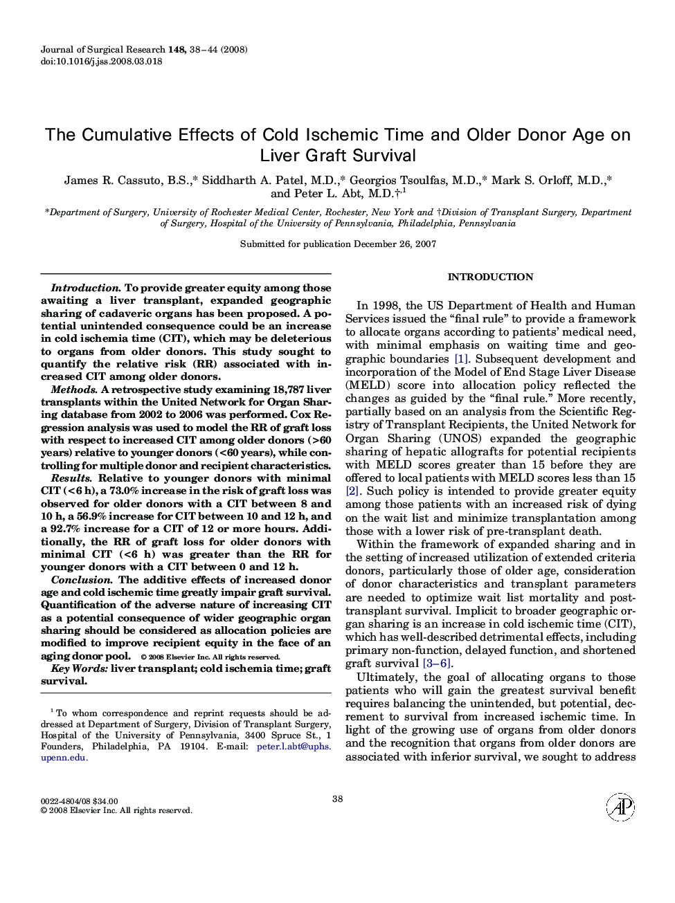 The Cumulative Effects of Cold Ischemic Time and Older Donor Age on Liver Graft Survival