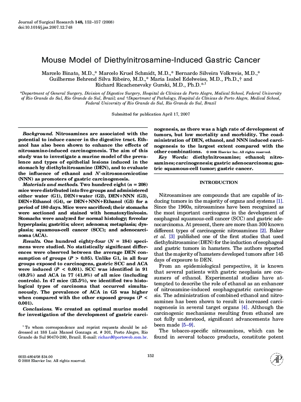 Mouse Model of Diethylnitrosamine-Induced Gastric Cancer