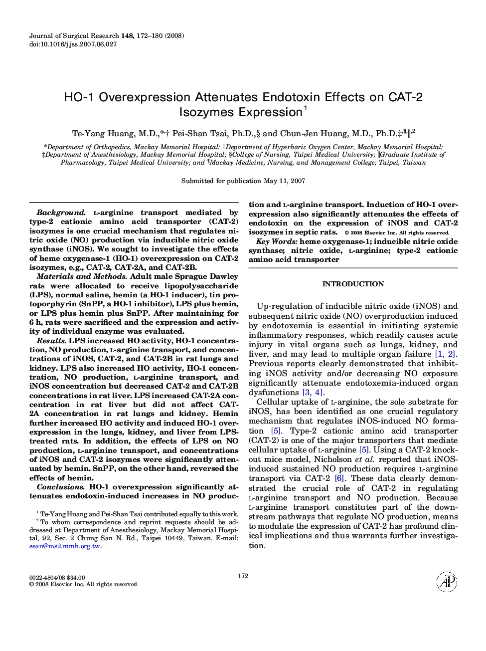 HO-1 Overexpression Attenuates Endotoxin Effects on CAT-2 Isozymes Expression 1