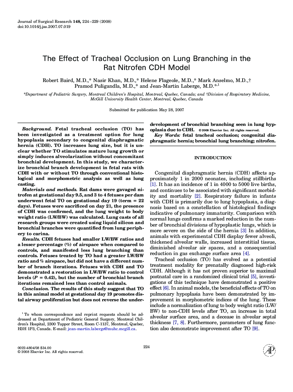 The Effect of Tracheal Occlusion on Lung Branching in the Rat Nitrofen CDH Model