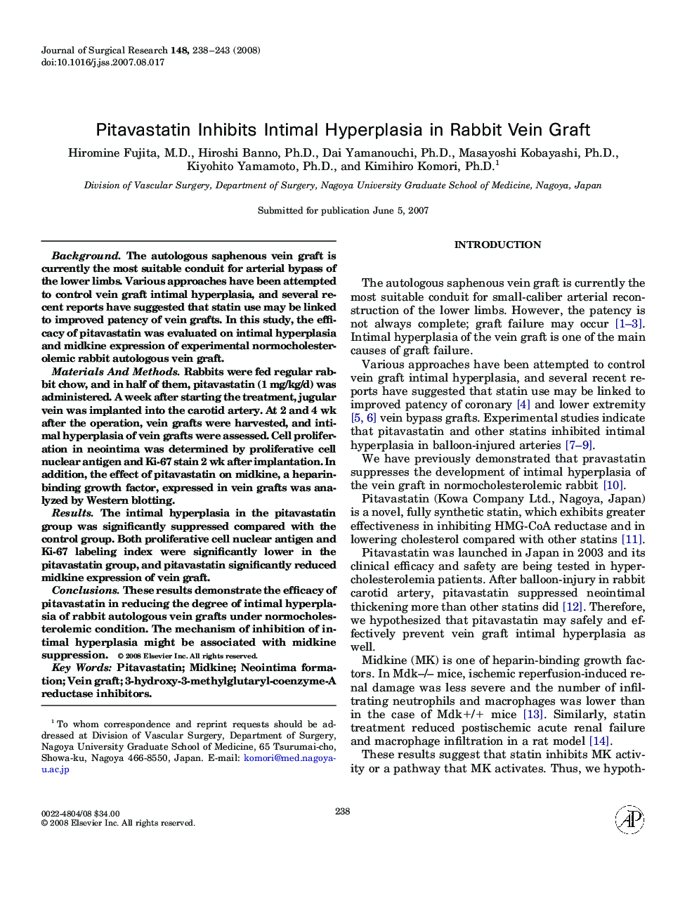 Pitavastatin Inhibits Intimal Hyperplasia in Rabbit Vein Graft