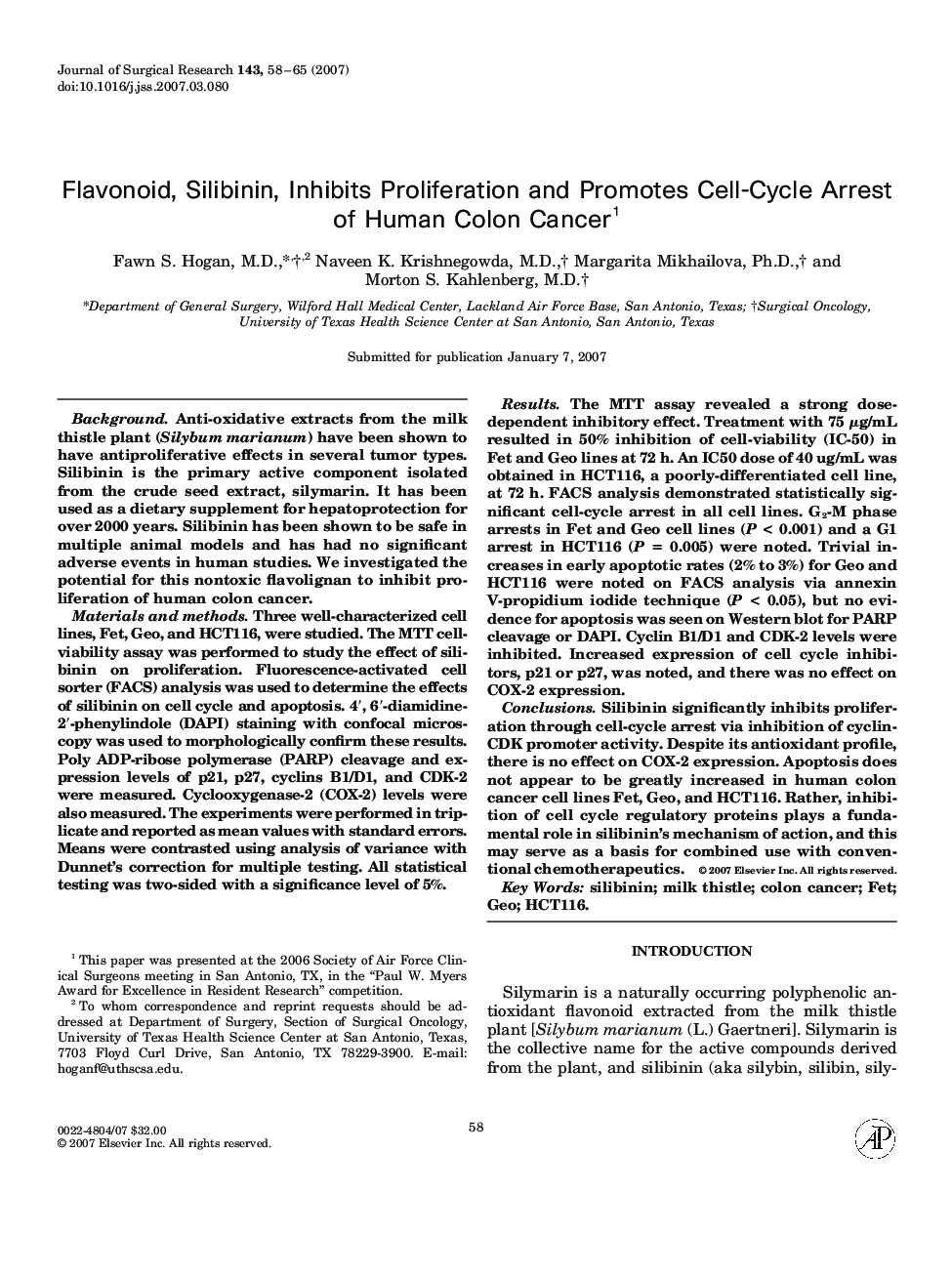 Flavonoid, Silibinin, Inhibits Proliferation and Promotes Cell-Cycle Arrest of Human Colon Cancer