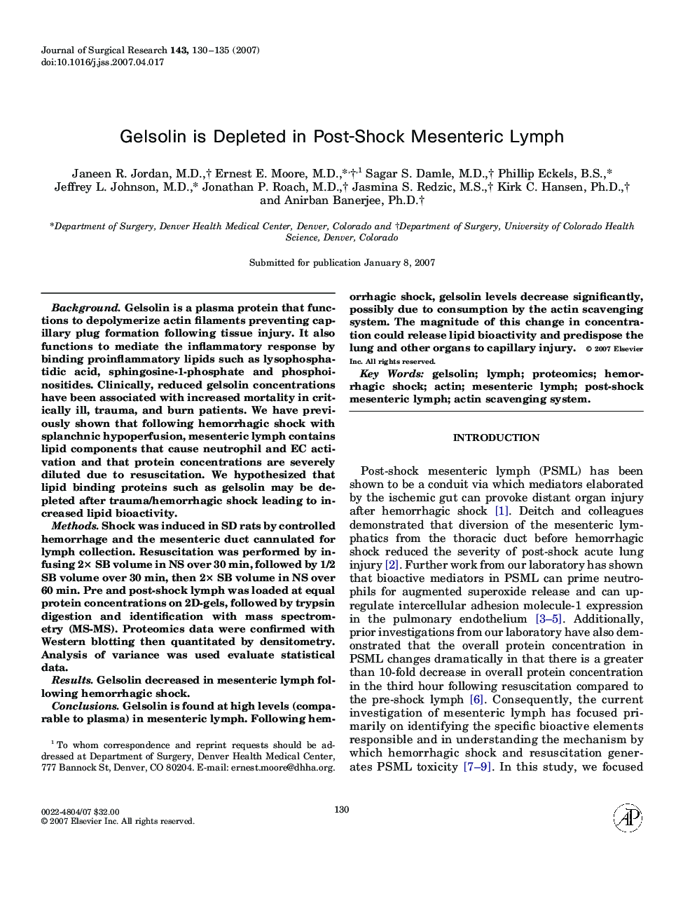 Gelsolin is Depleted in Post-Shock Mesenteric Lymph