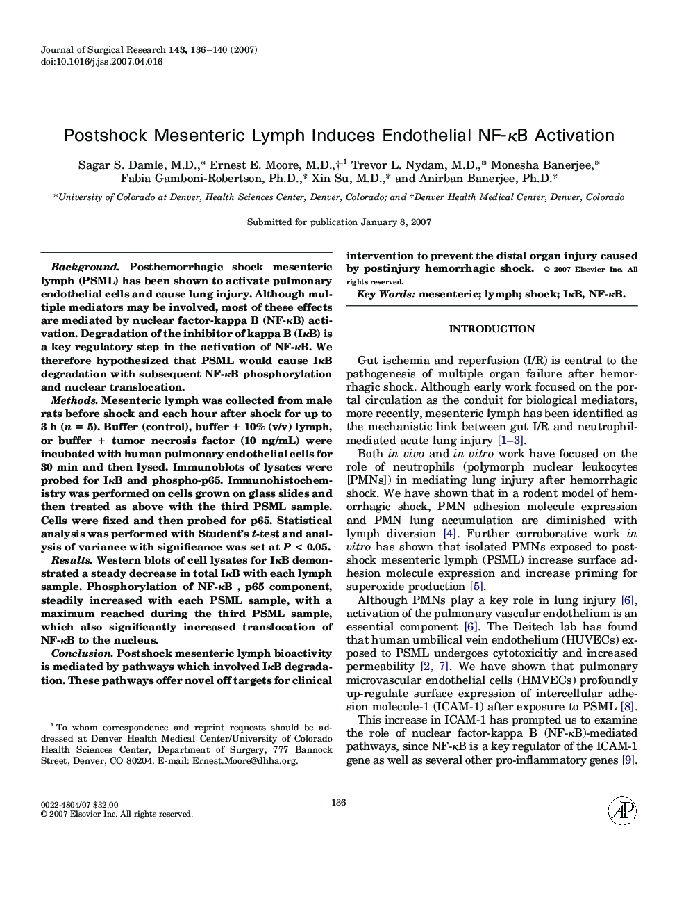 Postshock Mesenteric Lymph Induces Endothelial NF-κB Activation