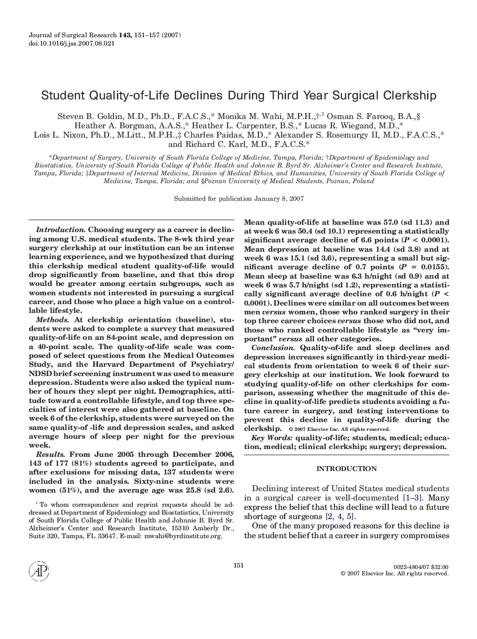 Student Quality-of-Life Declines During Third Year Surgical Clerkship