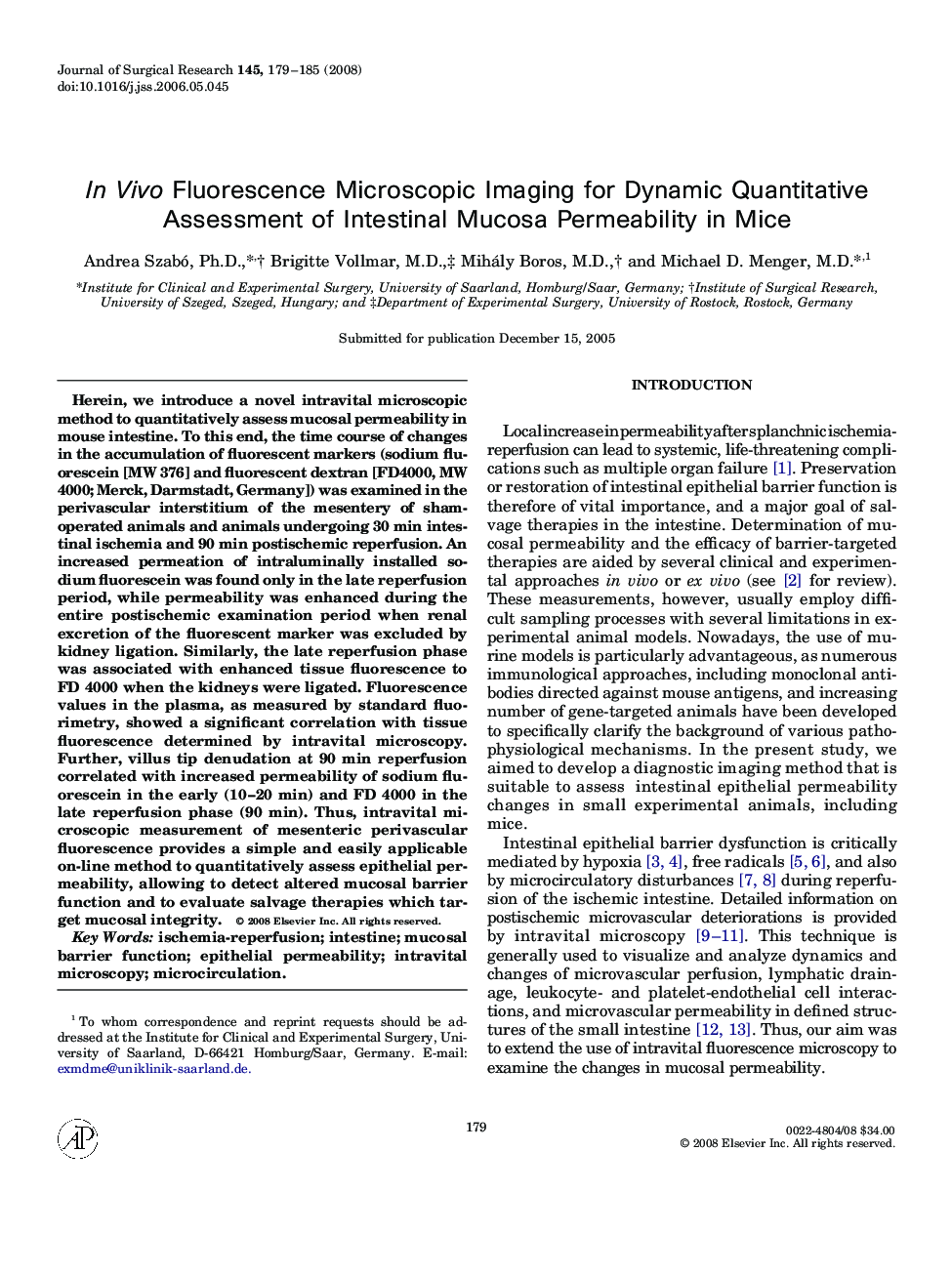 In Vivo Fluorescence Microscopic Imaging for Dynamic Quantitative Assessment of Intestinal Mucosa Permeability in Mice