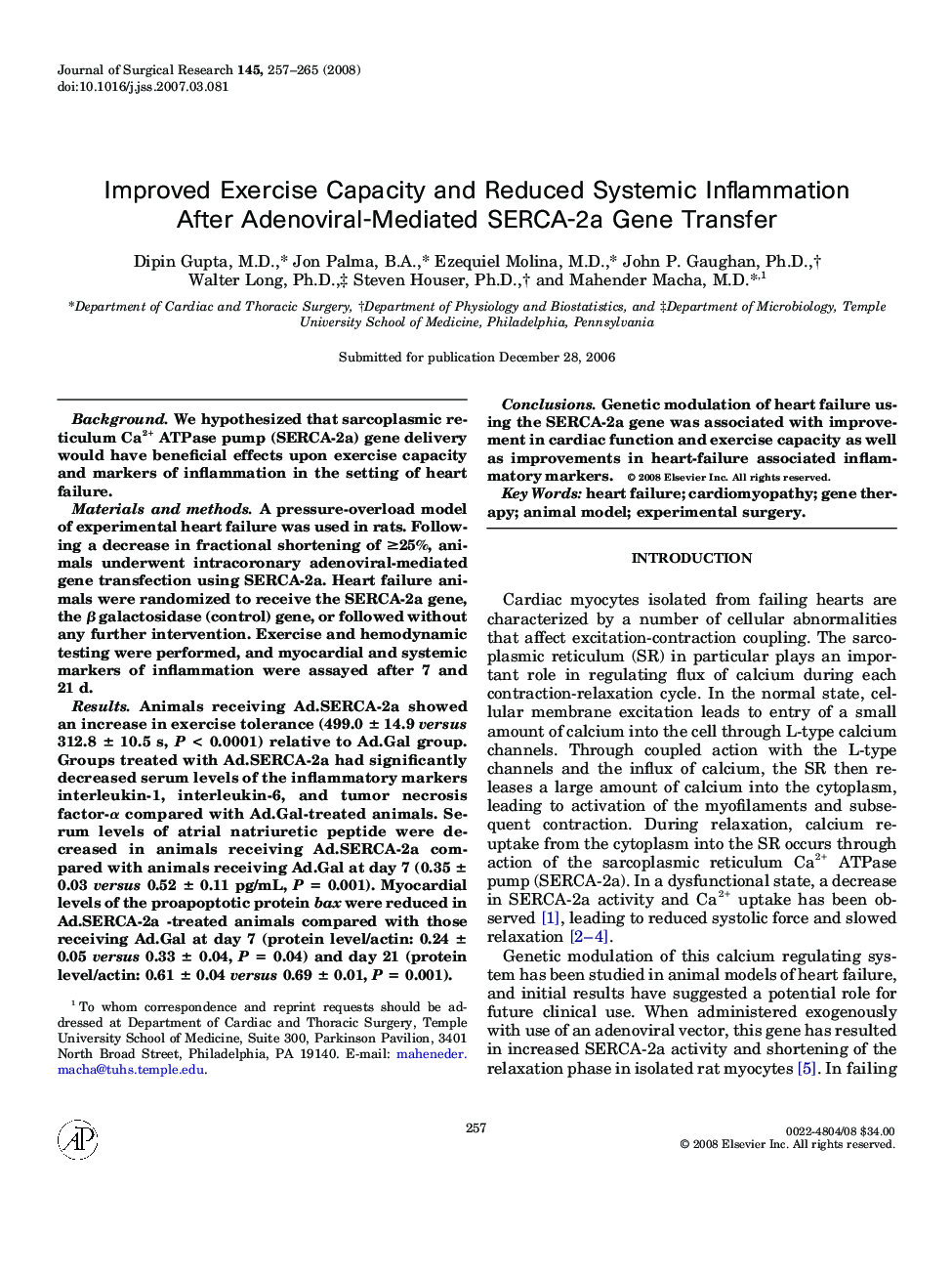 Improved Exercise Capacity and Reduced Systemic Inflammation After Adenoviral-Mediated SERCA-2a Gene Transfer