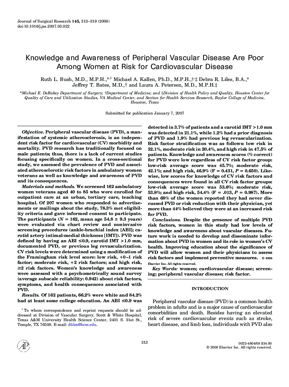 Knowledge and Awareness of Peripheral Vascular Disease Are Poor Among Women at Risk for Cardiovascular Disease