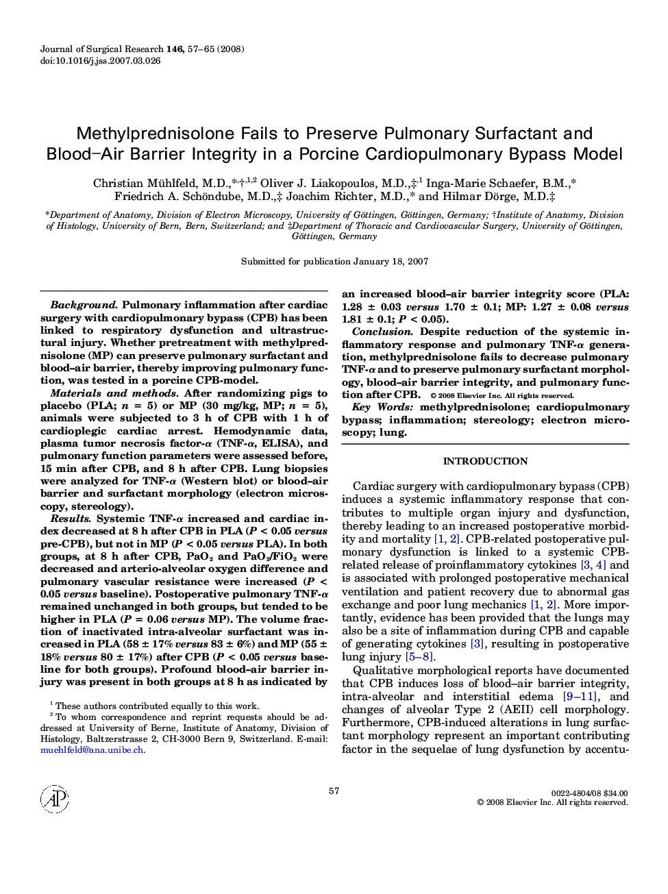 Methylprednisolone Fails to Preserve Pulmonary Surfactant and Blood-Air Barrier Integrity in a Porcine Cardiopulmonary Bypass Model