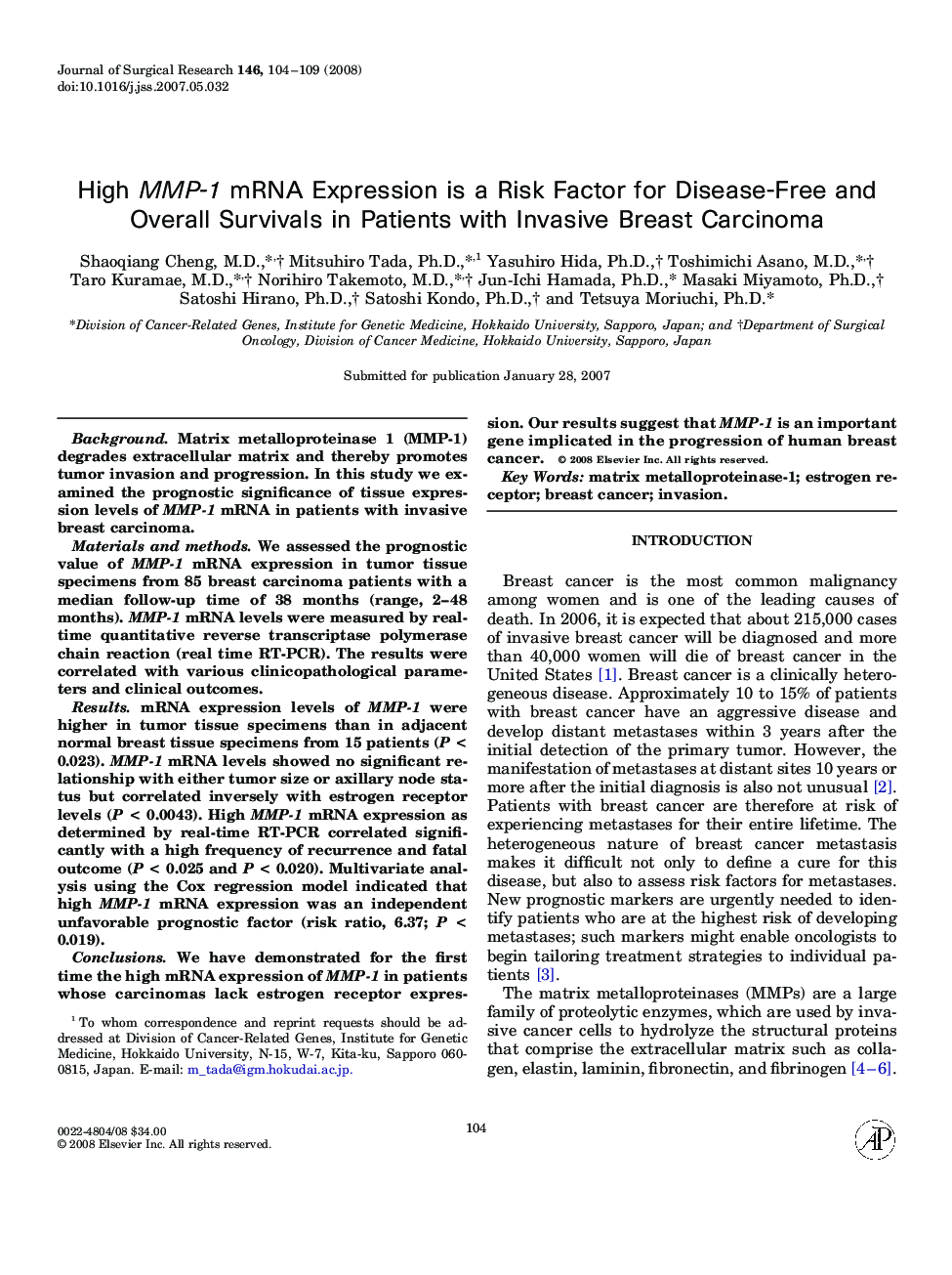 High MMP-1 mRNA Expression is a Risk Factor for Disease-Free and Overall Survivals in Patients with Invasive Breast Carcinoma