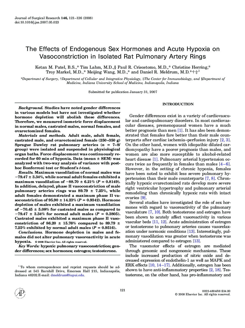 The Effects of Endogenous Sex Hormones and Acute Hypoxia on Vasoconstriction in Isolated Rat Pulmonary Artery Rings