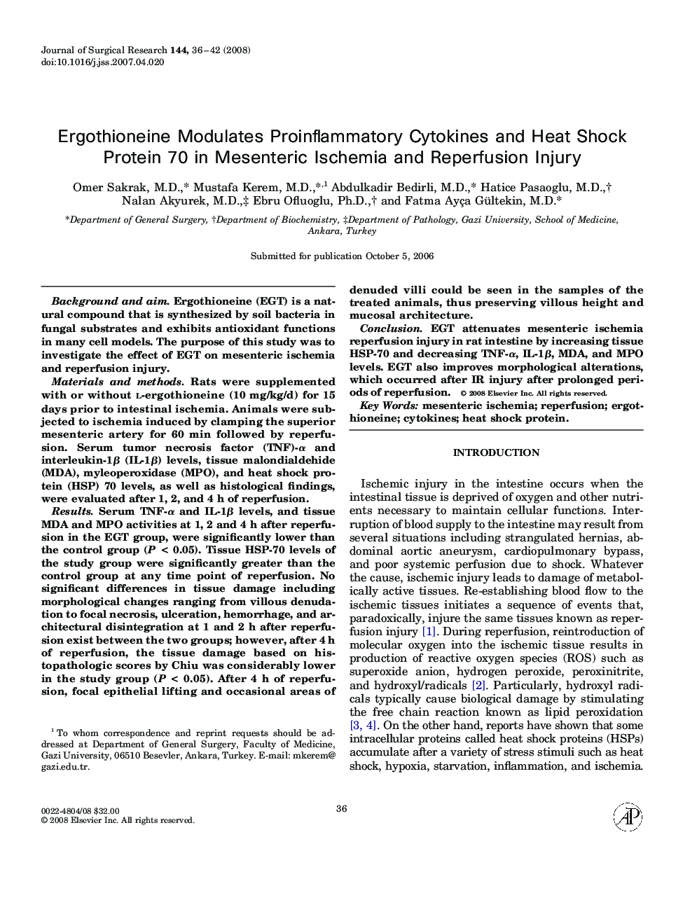 Ergothioneine Modulates Proinflammatory Cytokines and Heat Shock Protein 70 in Mesenteric Ischemia and Reperfusion Injury