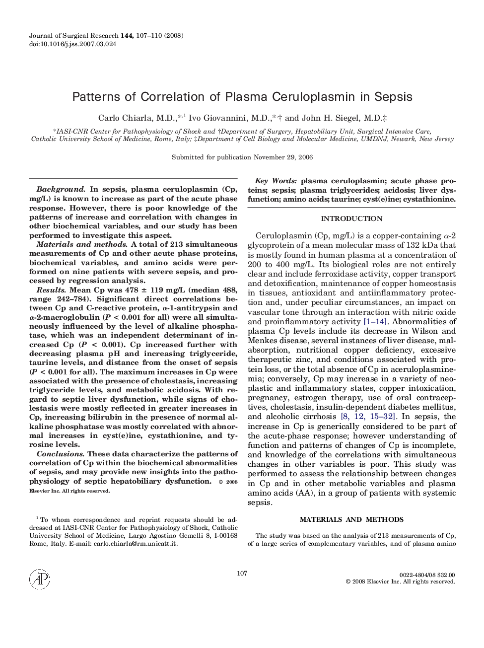 Patterns of Correlation of Plasma Ceruloplasmin in Sepsis